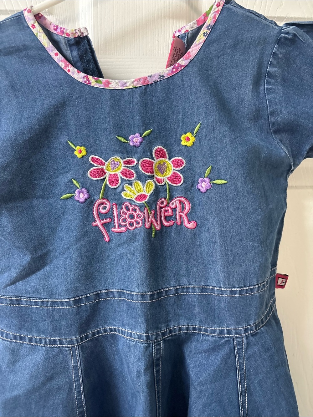 Shrawanti Denim Embroidered Flower Ruffle Blue Dress Cap Sleeve Girls Size 28 - Picture 2 of 8